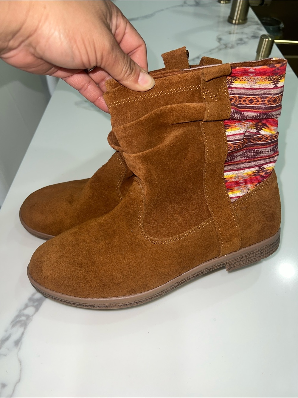 Tom’s Brown Suede Ankle Boots with Aztec Knit Accent